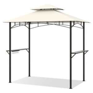 Outdoor Double-Tiered Grill Gazebo Canopy with 2 Shelves and 7 Hooks-Beige - Color: Beige